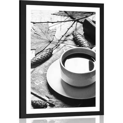 Plakát s paspartou šálek kávy v podzimním nádechu v černobílém provedení - 60x90 white