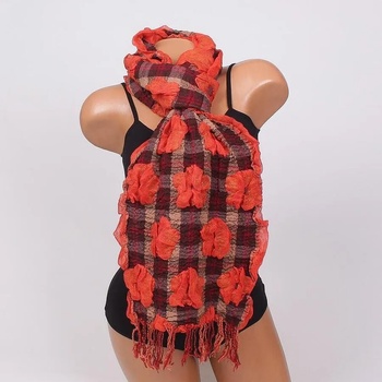 Image 1 of Кариран дамски шал в кафяво с оранжеви цветя