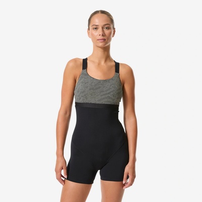 Decathlon dámske jednodielne šortkové plavky Elea Sono na aquafitness čierno-béžové