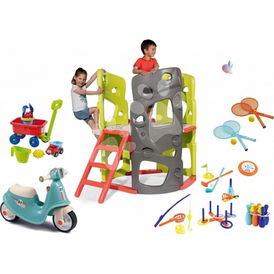 Smoby set preliezačka Multi-Activity Tower na šplhanie so šmykľavkou, odrážadlo a športové hry s vozíkom 840201-10