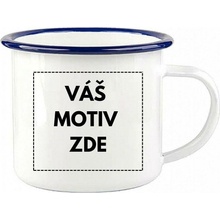 AveTech Smaltovaný plechový bílý hrnek s modrým okrajem 360 ml