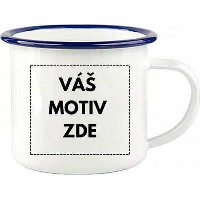 AveTech Smaltovaný plechový bílý hrnek s modrým okrajem 360 ml