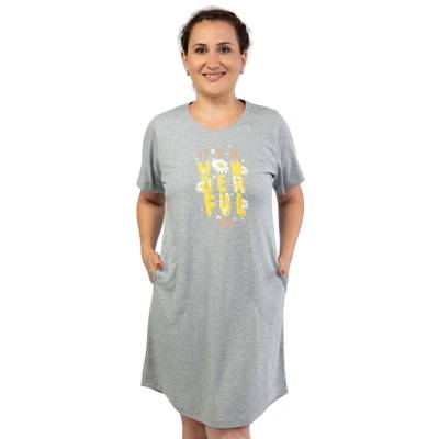 Макси нощница в сиво с надпис и маргаритки