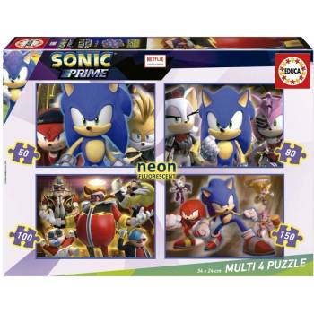 Educa Прогресивен пъзел, Educa, Sonic Prime 4 в 1 Neon, 50/80/100/150 части