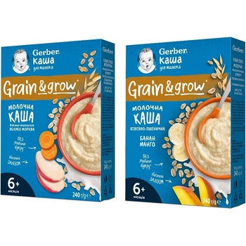 Nestle Овесено-пшенична млечна каша Nestle Gerber - С банан и манго, 6 м+, 240 g + ябълка и морков, 6м+, 240 g (12566151+12566161)