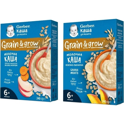 Nestle Овесено-пшенична млечна каша Nestle Gerber - С банан и манго, 6 м+, 240 g + ябълка и морков, 6м+, 240 g (12566151+12566161)
