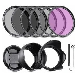 NEEWER lens filter set 46 mm UV CPL and ND filters (ND2, ND4, ND8) FLD filter, tulip-shaped aperture, collapsible rubber aperture, filter bag, seat belt and cleaning cloth - NW