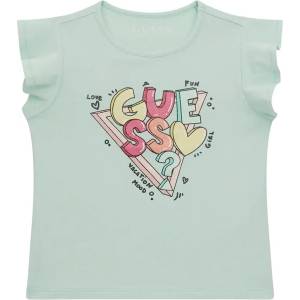 GUESS Бледо зелена тениска с къдрички за мини момиче с цветни букви Guess