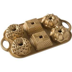 Nordic Ware Форма за кекс GEO BUNDLETTE BUNDT, за 6 мини кекса, с различни форми, златиста, Nordic Ware (NW91277)