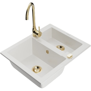 Mexen Carlos гранитна мивка с 1, 5 камери и кухненски смесител Telma, бяла (6518-20-670200-50)