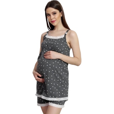 Тъмносива пижама за бременни с точки и дантела