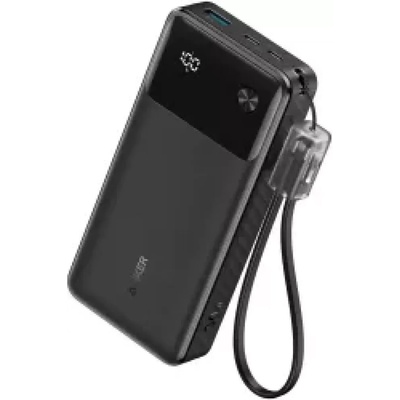 Anker PowerCore 20000 mAh външна батерия, 30W, 2xUSB-C, 1xUSB-A, вграден USB-C кабел, черен (A1384G11)