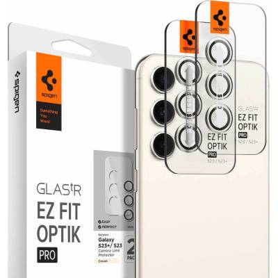 Spigen Optik Pro tR Ez Fit Lens Protector 2 Pack - 2 комплекта предпазни стъклени лещи за камерата на Samsung Galaxy S23, Galaxy S23 Plus (бежов)