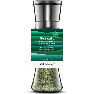 Grécka soľ Salt Odyssey cesnaková s bazalkou hrubá doplňovací nerezový mlynček 190g