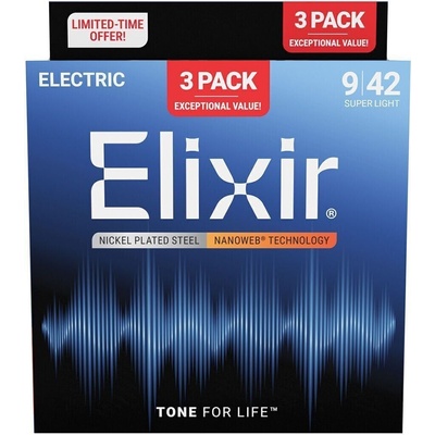 Elixir 16566 Nanoweb 9-42 3-Pack Струни за електрическа китара (16566)