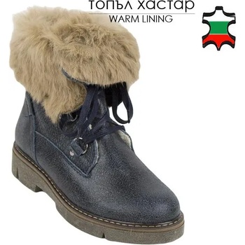 Image 1 of Български обувки Дамски боти от естествена кожа в тъмно син цвят с напукан ефект и с естествена яка 20448