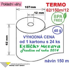 Termo kotouček 62/107/12 BPA 150m (62mm x 150m) Množství: 1 ks kotoučku