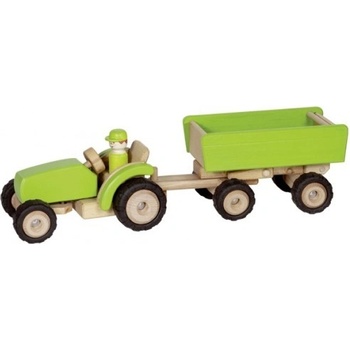 Goki Drevený traktor s prívesom 52 cm zelený