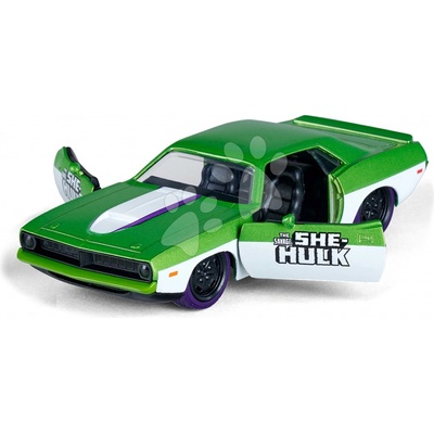 Jada Autíčko Playmouth Barracuda 1973 Marvel kovové s otevíratelnými dveřmi a figurka She-Hulk 13,5 cm 1:32
