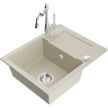 Mexen Enzo гранитна кухненска мивка с 1 отделение и отцедник, с кухненски смесител Carla, бежов - 6506-69-670700-00 (6506-69-670700-00)