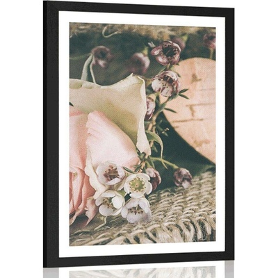 Plakát s paspartou růže a srdíčko v jute - 30x45 black