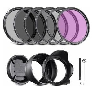 NEEWER 58mm ND Filter Kit and Lens Accessories, ND2 ND4 ND8 UV FLD CPL (Circular Polarizing) Filter Set with Lens Cap/Tulip Lens Hood - 10088184