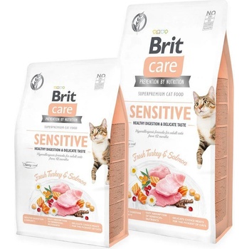 Brit Care Cat Grain-Free SENSITIVE HEALTHY DIGESTION AND DELICATE TASTE- Пълноценна суха храна за котки с чувствително храносмилане с 26% прясно пуешко, 26% сьомга и зеленчуци- 7 кг