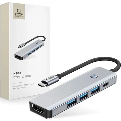 Tech-Protect HB01 HUB Adapter 5in1 USB-C + USB3.0 + HDMI 4K 60Hz + PD100W - сив (5906302360529)