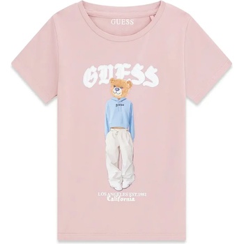 GUESS Розова тениска за момиче с цветно мече и бял надпис Guess