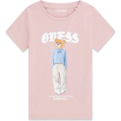 GUESS Розова тениска за момиче с цветно мече и бял надпис Guess