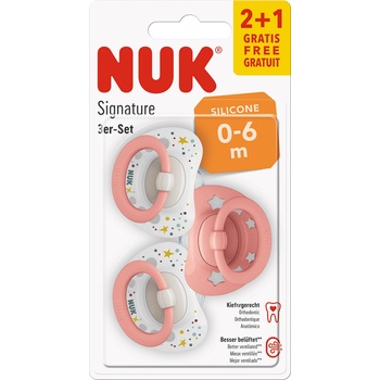 Nuk Силиконови залъгалки NUK - Signature, 0-6 месеца, 2+1 броя, Бяло с розово (10175010-Бял/Розов)