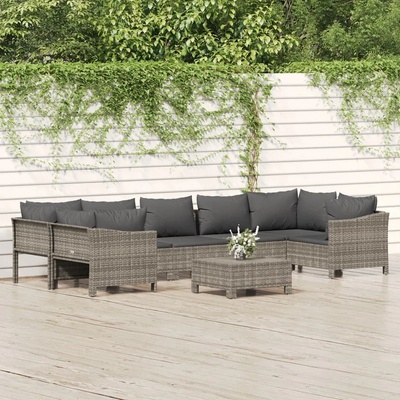 vidaXL Градински комплект с възглавници, 8 части, полиратан, сив (3187303)