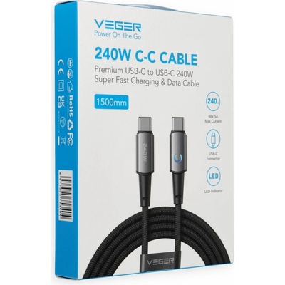 Veger CC2-ZSD s LED indikátorem nabíjení Type C na Type C PD 5A 240W 1,5m černý