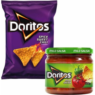 Doritos USA kukuřičné tortillové chipsy s příchutí chilli + Doritos Mild Salsa zeleninový dip