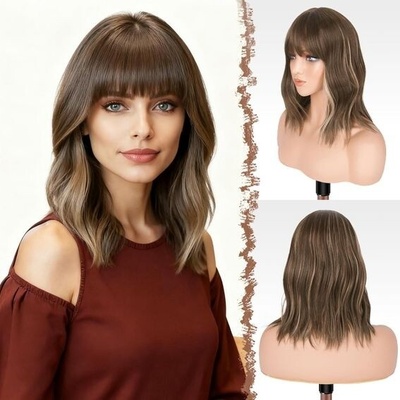 Feshfen Vlnitá bob paruka s ofinou, ombré blond