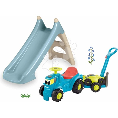 Smoby Set šmykľavka a odrážadlo s prívesom a kosačkou XS Slide Blue Life dĺžka šmyku 90 cm s vodnou hrou