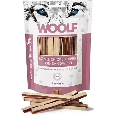 WOOLF Maškrta pre psa Sandwich Kuracie Mäso Treska Mini Medium Maxi plemená 100 g