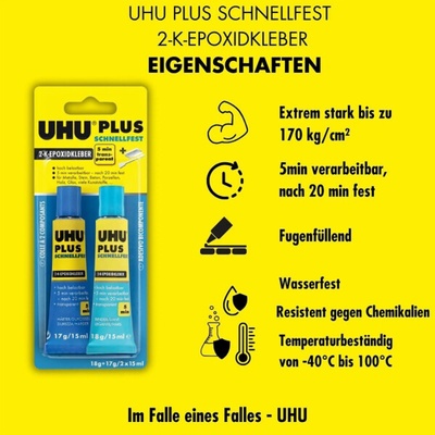 Uhu Plus rychletuhnoucí dvousložkové epoxidové lepidlo, transparentní 18 g + 17 g