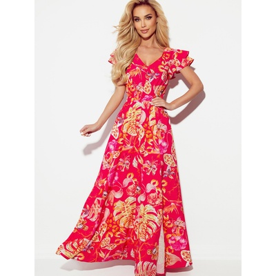 Numoco Дълга рокля с деколте и волани - розова с цветя Numoco LIDIA numoco | Rozov | ЖЕНИ | XL