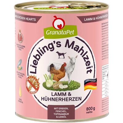 GranataPet 12x800г Adult Liebling's Mahlzeit GranataPet, консервирана храна за кучета - агнешко и пилешки сърца