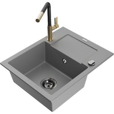 Mexen Enzo гранитна мивка с 1 камера с отцедник и кухненски смесител Flora, сив - 6506-71-670401-57-B (6506-71-670401-57-B)