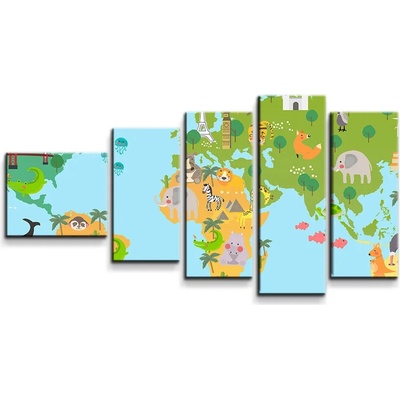 Sablio Obraz - 5-dílný Zvieracia mapa sveta - 100x60 cm