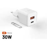 FIXED Mini GaN мрежово зарядно устройство с USB-C и USB изходи, с поддръжка на PD, 30 W, бяло (FIXCG30M-CA-WH)