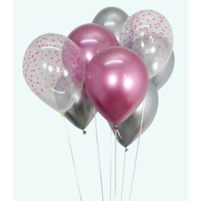Globos Festival БАЛОНИ 15 БР. 12" - 30 СМ ХРОМ РОЗОВ/СРЕБРО/ТОЧКИ + ЛЕНТА 15 М