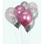 Globos Festival БАЛОНИ 15 БР. 12" - 30 СМ ХРОМ РОЗОВ/СРЕБРО/ТОЧКИ + ЛЕНТА 15 М
