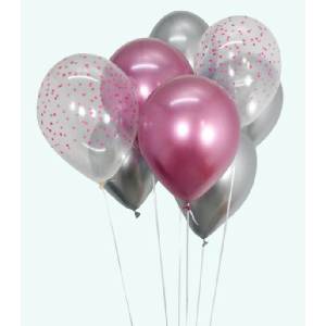 Globos Festival БАЛОНИ 15 БР. 12" - 30 СМ ХРОМ РОЗОВ/СРЕБРО/ТОЧКИ + ЛЕНТА 15 М