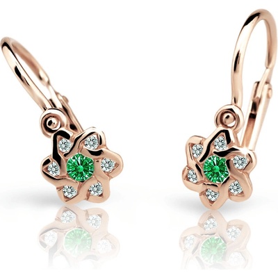 Danfil dětské náušnice kytičky C2149 z růžového zlata s kamínkem Emerald Green zapínání brizura