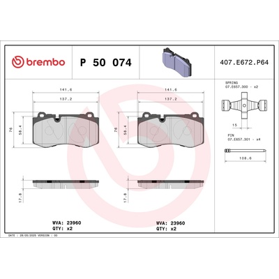 Sada brzdových platničiek, vždy 4 kusy v sade BREMBO P 50 074 (P50074)