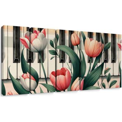 5-dílný obraz klavír a tulipány v květinové symfonii - 100x50