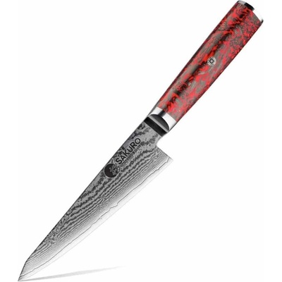 SaKuRo Malý víceúčelový kuchyňský nůž z damaškové oceli S35VN Inferno 14,8 cm